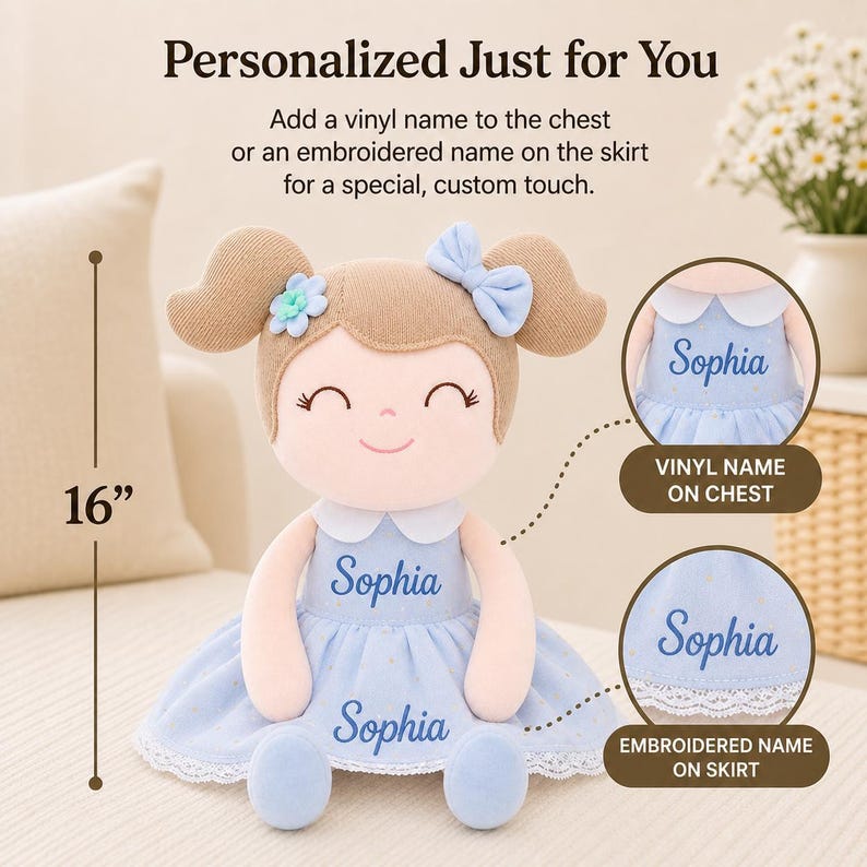 Personalized Baby Doll Custom Baby Shower Gift First Baby Girl Nursery Soft Cloth Doll Embroidered Name Handmade Fabric Rag Infant Keepsake image 8