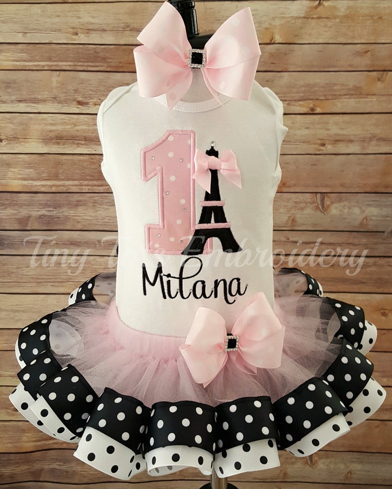Paris Princess Birthday Tutu Outfit Includes Top, Ribbon Tutu & Hairbow Any colors of your choice image 1