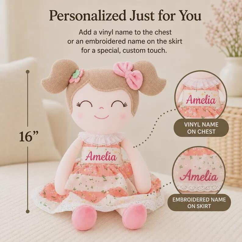 Infant Comfort Toy Personalized Baby Doll Custom Name Keepsake Perfect Nursery Collection Soft Plush Stuffed Animal Toddler Cuddle Buddy Baby Shower Gift Girl First Birthday Present 16 Inch Premium Quality Newborn Beautiful Vinyl Name