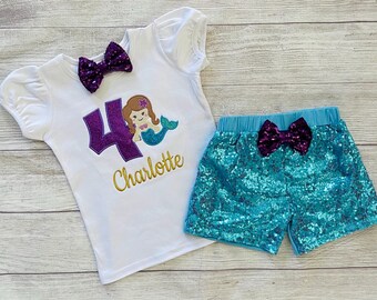 Conjunto de cumpleaños de sirena personalizado: shorts de lentejuelas, camisa personalizada y lazo para el cabello.