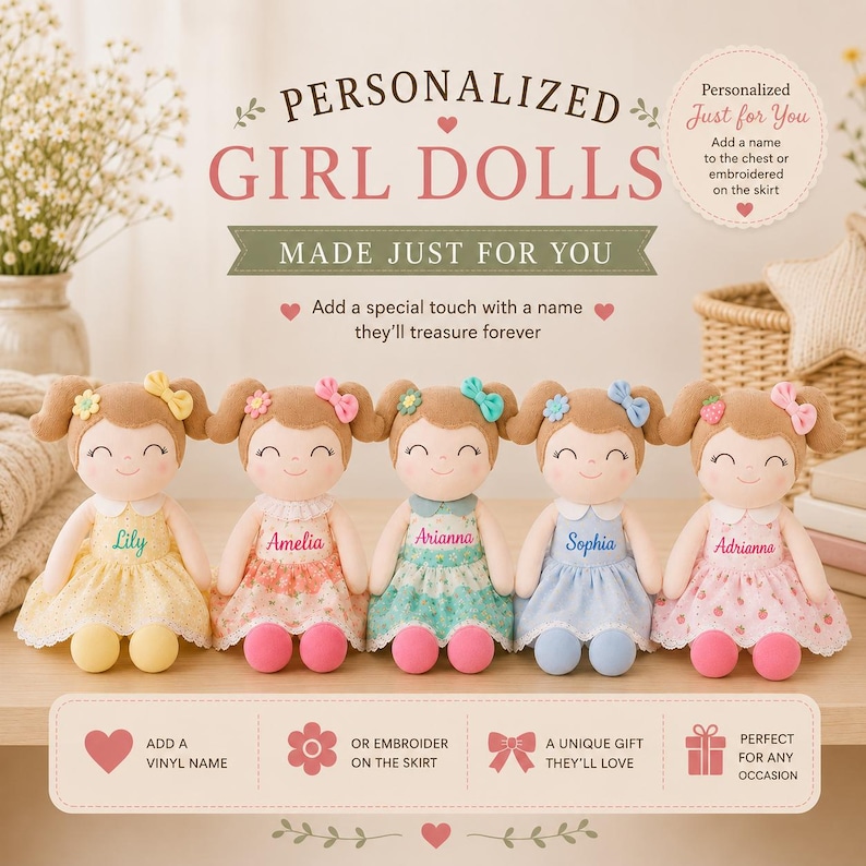 Personalized Baby Doll Custom Name Gift Perfect Baby Shower Present Girl First Birthday Soft Plush Stuffed Animal Toddler Cuddle Buddy Newborn Nursery Keepsake 16 Inch Premium Quality Fabric Infant Comfort Toy Beautiful Memory Maker