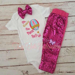 Traje de cumpleaños de globo aerostático: mono bordado, pantalones de lentejuelas y lazo para el cabello