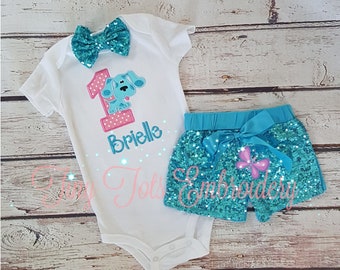 Blue Dog Birthday Outfit: Embroidered Top, Sequin Shorts & Bow