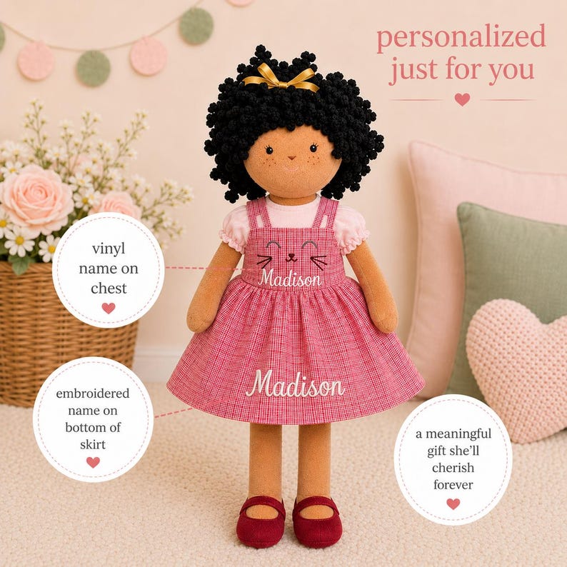 African American Cloth Doll Handmade Fabric Ragdoll Personalized Name Embroidered Birthday Gift Girls Ages 2-10 16 Inch Size Curly Hair Styling Gold Bow Detail Jumper Dress Design Cat Face Pattern Matching Shoes Set Soft Safe Toddler Toy
