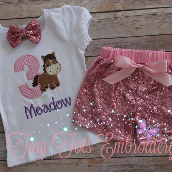 Pony Birthday Outfit ~ Kentucky Derby Outfit ~ Includes Top, Sequin Shorts and Hairbow ~ Customize in any colors!