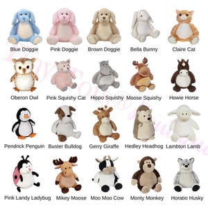 May include: Collection of plush animal toys, including a blue dog, pink bunny, brown dog, white bunny, orange cat, owl, cat, hippo, moose, horse, penguin, bulldog, giraffe, hedgehog, lamb, ladybug, moose, cow, monkey, and husky.