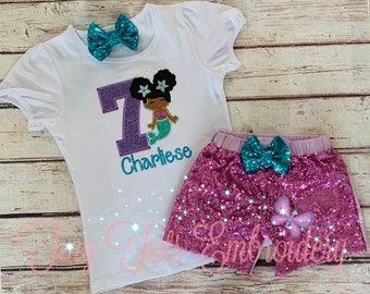 Custom Mermaid Sequin Shorts Birthday Outfit: African American Mermaid Party