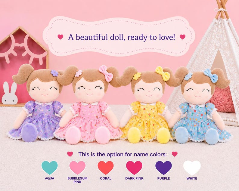 Personalized Baby Doll Floral Dress Soft Cloth Girl Toy First Baby Gift Nursery Keepsake Embroidered Name Shower Toddler Birthday Present image 9
