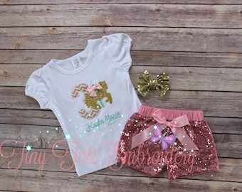 Carousel Birthday Outfit ~ Includes Top, Sequin Shorts and Hair Bow ~ Customize in any colors!