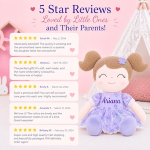 May include: A plush doll with brown hair in pigtails, a purple floral dress with the name Ariana embroidered on the chest, and a small purple flower in its hair. Next to the doll are five customer reviews with five-star ratings and text.