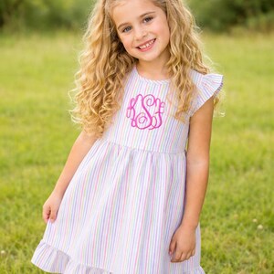 Personalized Baby Girl Dress Custom Embroidered Name Monogram Seersucker Fabric Pink Aqua Design Celebration Outfit Spring Season Special Occasion Attire Toddler Clothing Premium Quality Lightweight Breathable Material Classic Timeless