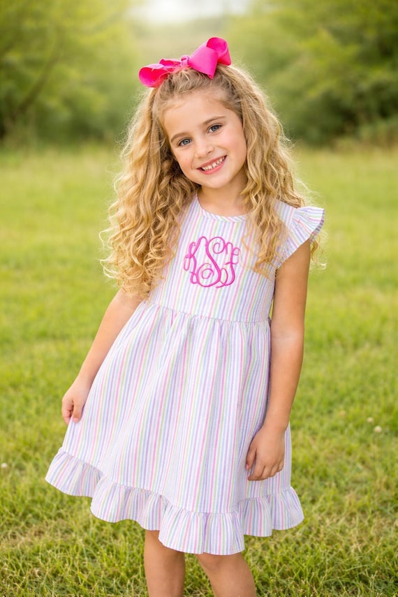 Personalized Seersucker Dress Monogrammed Baby Girl Easter Outfit Pink Aqua Embroidered Toddler Clothing Spring Celebration Church Attire
