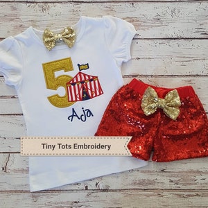 Circus Birthday Outfit ~ Carnival Outfit - Carnival Top, Sequin Shorts and Hair Bow ~ Customize in any colors!