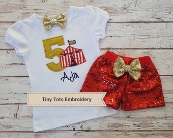 Circus Birthday Outfit ~ Carnival Outfit - Carnival Top, Sequin Shorts and Hair Bow ~ Customize in any colors!