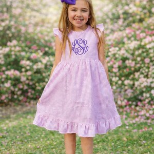 Baby Girl Celebration Dress Personalized Seersucker Design Custom Monogram Embroidered Name Pink Aqua Toddler Outfit Spring Season Special Occasion Attire Lightweight Breathable Fabric Classic Southern Style Family Photo Session Premium