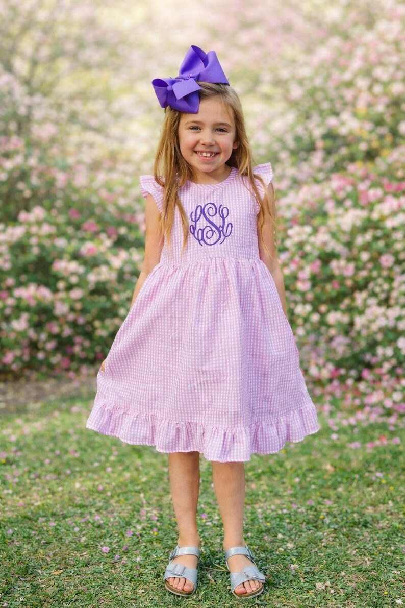 Baby Girl Celebration Dress Personalized Seersucker Design Custom Monogram Embroidered Name Pink Aqua Toddler Outfit Spring Season Special Occasion Attire Lightweight Breathable Fabric Classic Southern Style Family Photo Session Premium