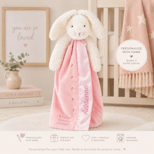 Personalized Bunny Security Blanket Embroidered Infant Gift Baby Shower Present Newborn Custom Monogram Nursery Keepsake Lovey Rabbit