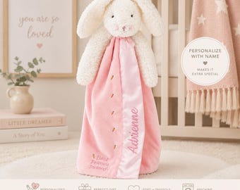 Spersonalizowany kocyk bezpieczeństwa z haftowanym króliczkiem, prezent dla niemowląt, prezent na baby shower, noworodek, spersonalizowany monogram, pamiątka do pokoju dziecięcego, uroczy króliczek