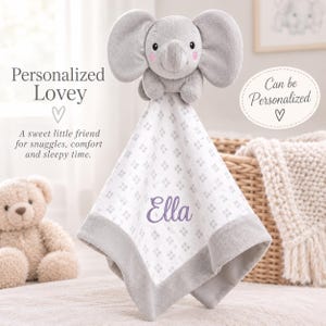 Personalized Elephant Security Blanket Baby Shower Gift Newborn Infant Comfort Toy Animal Lovey Embroidered Name Monogrammed Nursery Cuddle