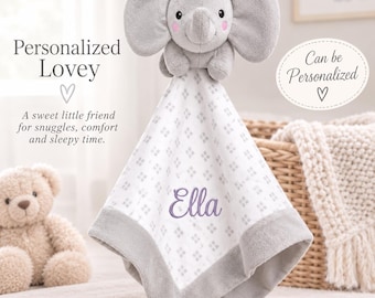 Spersonalizowany kocyk bezpieczeństwa w kształcie słonia na prezent na baby shower dla noworodka, zabawka przytulanka z haftowanym imieniem i monogramem do pokoju dziecięcego