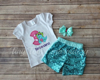 Girly Dinosaur Birthday Outfit ~ Includes Top, Sequin Shorts and Hair Bow ~ Customize in any colors!