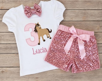 Horse Birthday Outfit Sequin Shorts Embroidered Shirt Personalized Applique Spirit Riding Free Toddler Party Celebration Attire Custom