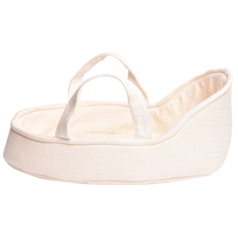 May include: A cream-colored doll bassinet with a striped lining and two fabric handles.