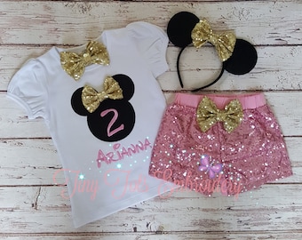 Mouse Birthday Outfit ~ Mouse Sequin Shorts Outfit ~ Personalized Top, Sequin Shorts, Hair Bow and Mouse Ears