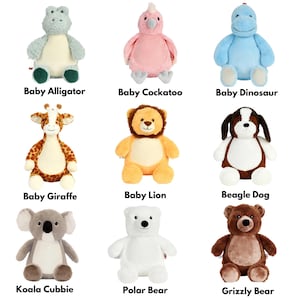 May include: A collection of nine plush stuffed animals including a green alligator, pink cockatoo, blue dinosaur, giraffe, lion, beagle dog, koala, polar bear, and grizzly bear. Each toy features a soft texture and a light-colored belly patch.