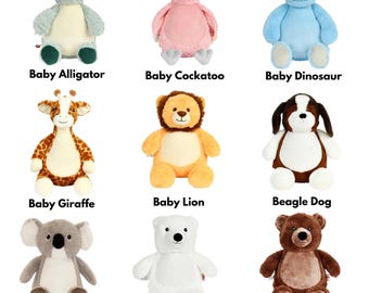 May include: A collection of nine plush stuffed animals including a green alligator, pink cockatoo, blue dinosaur, giraffe, lion, beagle dog, koala, polar bear, and grizzly bear. Each toy features a soft texture and a light-colored belly patch.