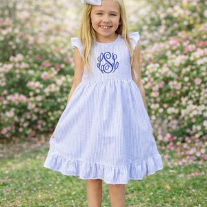 Monogrammed Girl Dress Custom Name Embroidered Baby Toddler Seersucker Outfit Pink Aqua Design Spring Celebration Attire Special Occasion Clothing Personalized Initial Details Lightweight Fabric Breathable Material Classic Timeless Style