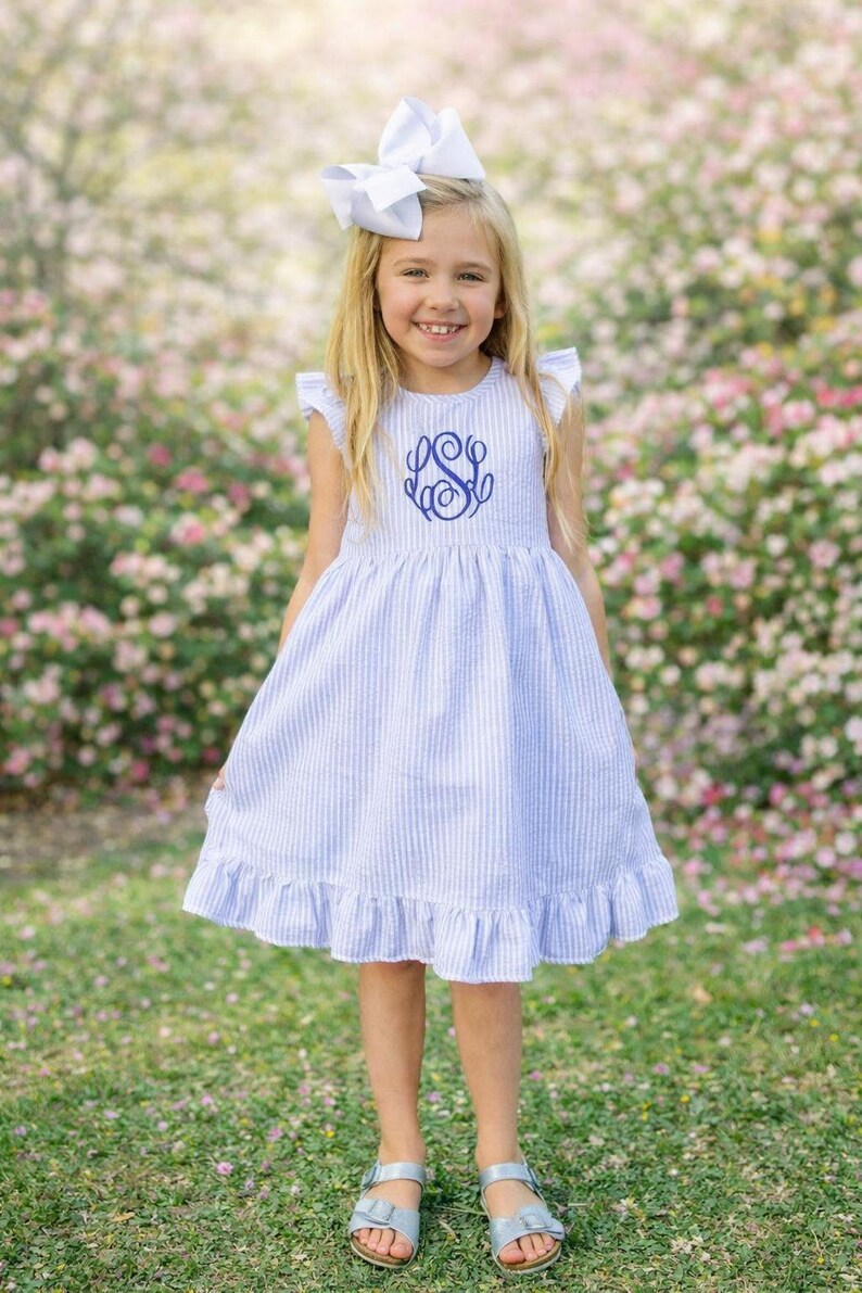 Monogrammed Girl Dress Custom Name Embroidered Baby Toddler Seersucker Outfit Pink Aqua Design Spring Celebration Attire Special Occasion Clothing Personalized Initial Details Lightweight Fabric Breathable Material Classic Timeless Style