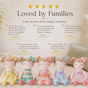 May include: Five fabric dolls with embroidered faces and personalized names. Each doll wears a different colored dress and has a matching bow in their hair. The text "Loved by Families" and customer reviews are also visible.