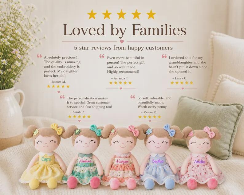May include: Five fabric dolls with embroidered faces and personalized names. Each doll wears a different colored dress and has a matching bow in their hair. The text "Loved by Families" and customer reviews are also visible.