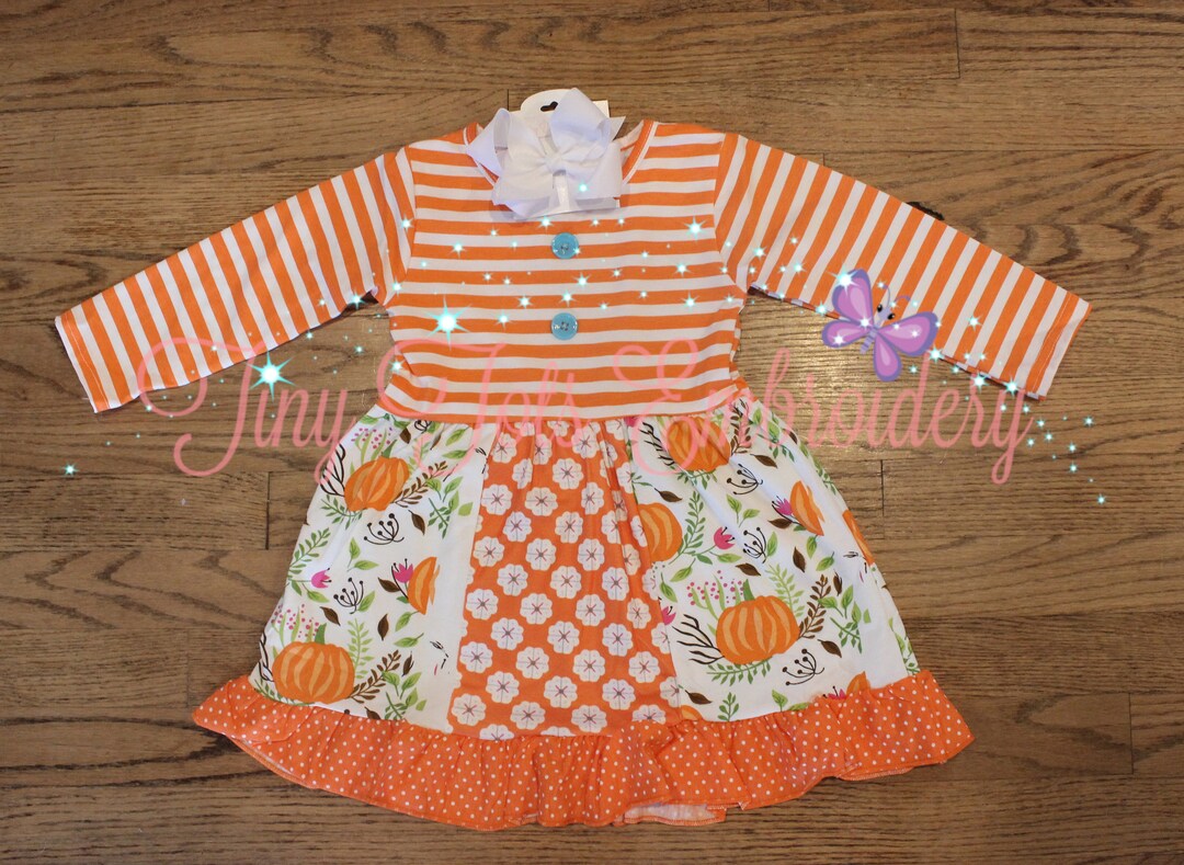 Pumpkin Patch Dress Long Sleeve Fall Girls Dress Orange Striped Ruffle ...