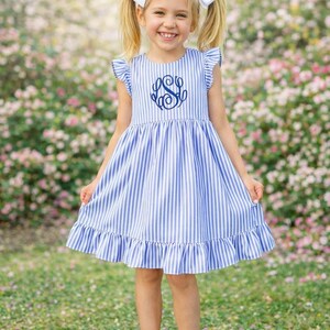 Celebration Outfit Baby Girl Personalized Dress Custom Embroidered Monogram Seersucker Fabric Pink Aqua Design Spring Season Toddler Clothing Special Occasion Attire Lightweight Breathable Material Classic Timeless Style Family Gathering