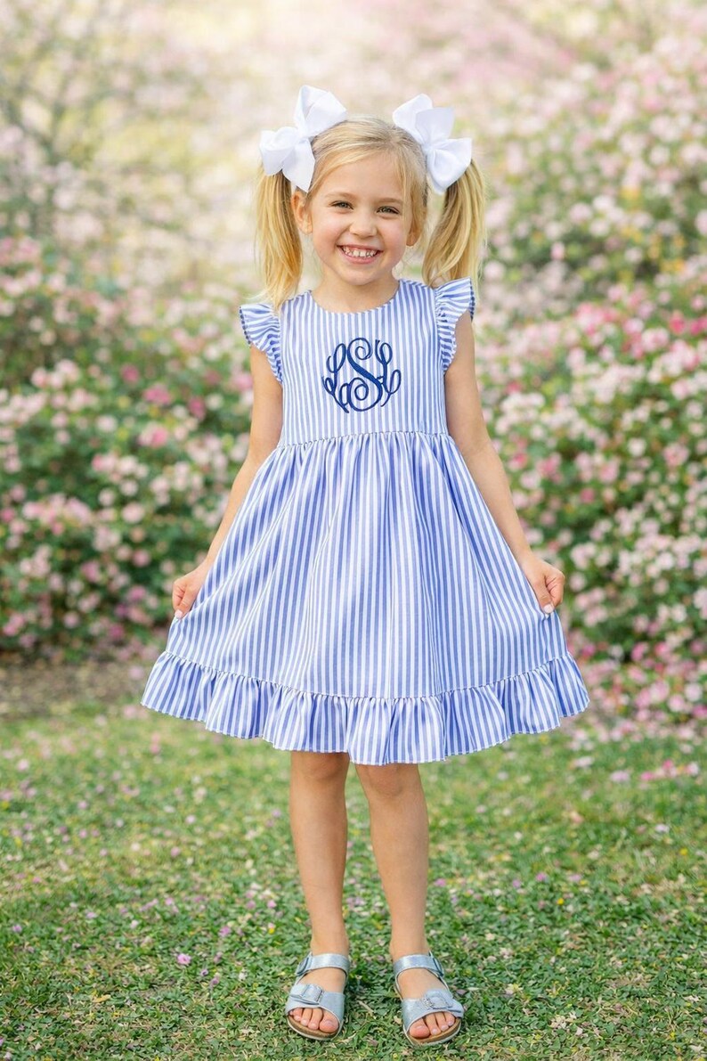 Celebration Outfit Baby Girl Personalized Dress Custom Embroidered Monogram Seersucker Fabric Pink Aqua Design Spring Season Toddler Clothing Special Occasion Attire Lightweight Breathable Material Classic Timeless Style Family Gathering