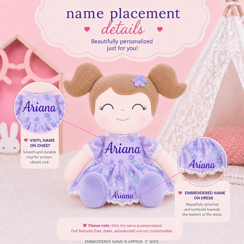 Baby Shower Gift Personalized Doll Custom Embroidered Name Floral Garden Dress Soft Cloth Girl Toy Light Brown Hair Perfect First Doll Nursery Keepsake Toddler Birthday Present Ultra Soft Cuddle Companion Signature Smile Design Heirloom