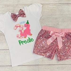 Three Rex Birthday Outfit - Girly Dinosaur Birthday Outfit - Dinosaur Top - Sequin Shorts - Sequin Hair Bow ~ Customize in any colors!