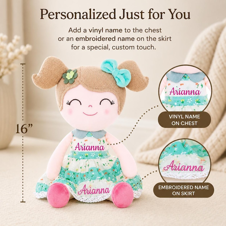 Custom Baby Doll Personalized Embroidered Name Handmade Fabric Rag Doll First Baby Girl Gift Soft Cloth Nursery Companion Baby Shower Present Perfect Infant Keepsake Plush Toy Newborn Safe Materials CPSC Approved Quality Washable
