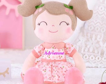 Muñeca de peluche Cherry personalizada para niñas, muñeca de peluche suave para niños, recuerdo con nombre personalizado, regalo para baby shower, regalo para niña de un año