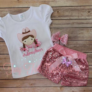 Pink Cowgirl Birthday Outfit ~ Cowgirl Sequin Shorts Outfit ~ Includes Top, Sequin Shorts and Hairbow ~ Customize in any colors!