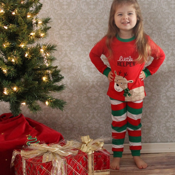 Christmas Pajamas ~ Unisex Christmas PJ'S ~ Santa's Little Helper Two Piece Long Sleeve Pajamas