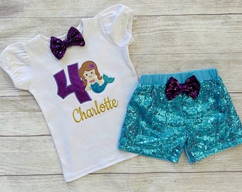 Mermaid Birthday Outfit Sequin Shorts Girl Toddler Party Celebration Shirt Personalized Custom Mermaid Sparkle Theme Clothing Child Festive