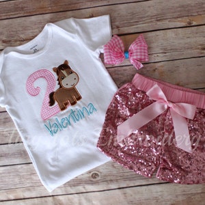 Personalized Pony Birthday Outfit: Embroidered Top, Sequin Shorts & Hairbow