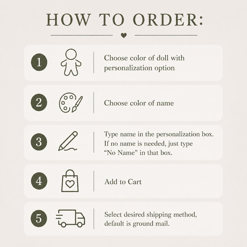 May include: An infographic titled "HOW TO ORDER:" with numbered steps. The steps include choosing a doll color, choosing a name color, typing a name, adding to cart, and selecting a shipping method.