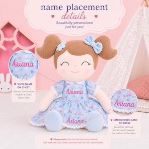 May include: A plush doll with brown hair in pigtails, wearing a light blue floral dress with white lace trim. The name Ariana is printed on the chest and embroidered on the dress hem. Text includes name placement details, vinyl name on chest, and embroidered name on dress.