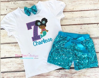 Conjunto de cumpleaños de sirena: shorts de lentejuelas y camisa personalizada.