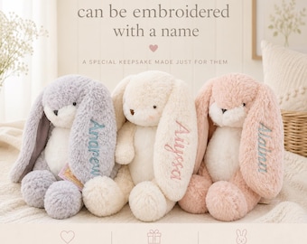 Spersonalizowany prezent w kształcie króliczka Haftowany króliczek Pierwszy prezent wielkanocny na baby shower dla noworodka Puszysty króliczek Miękka zabawka Pamiątka do pokoju dziecięcego Ukochany dla niemowląt