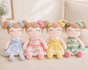 Personalized Baby Doll Custom Embroidered Name Keepsake First Newborn Shower Gift Handmade Fabric Girl Infant Present Soft Ragdoll Companion